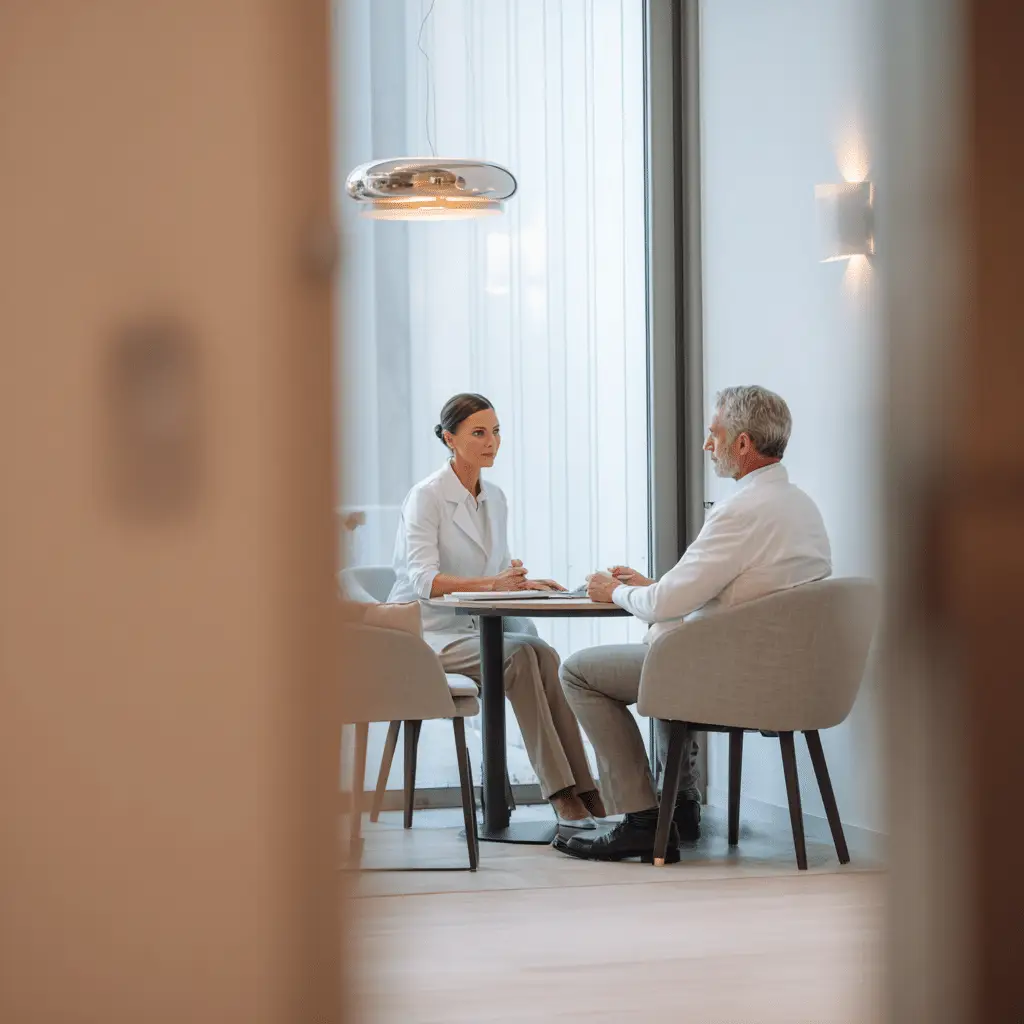 Läkare i samtal med patient i en lugn, modern klinikmiljö som förmedlar diskretion och personlig medicinsk vägledning.